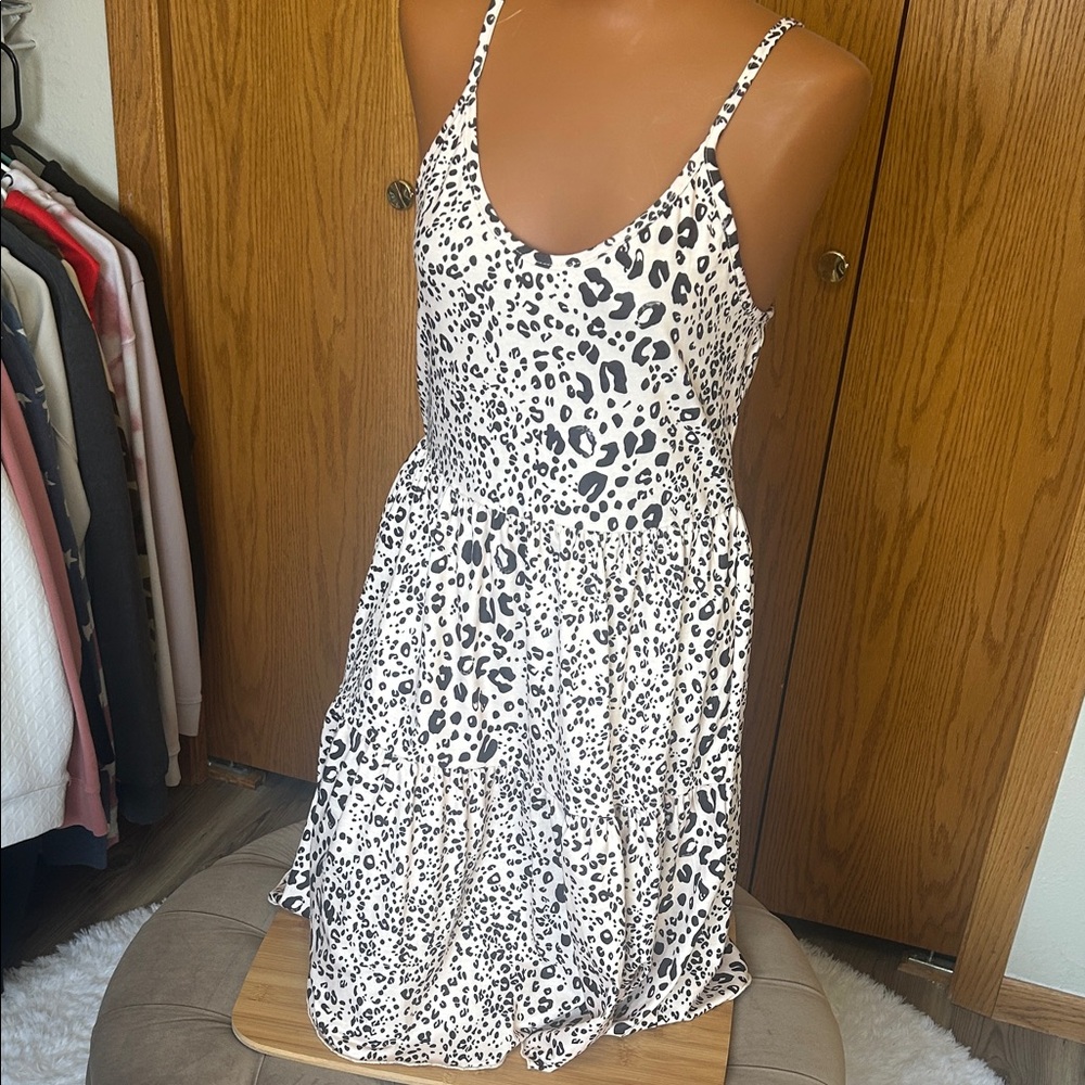 White & Black Leopard Print Spaghetti Strap Dress
